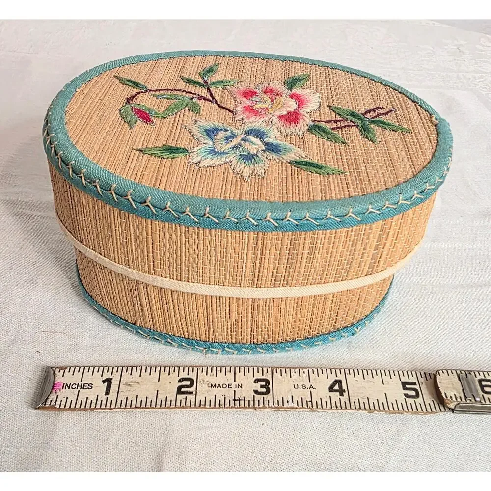 Vintage Embroidery Bamboo Keepsake Storage Box Oval 3